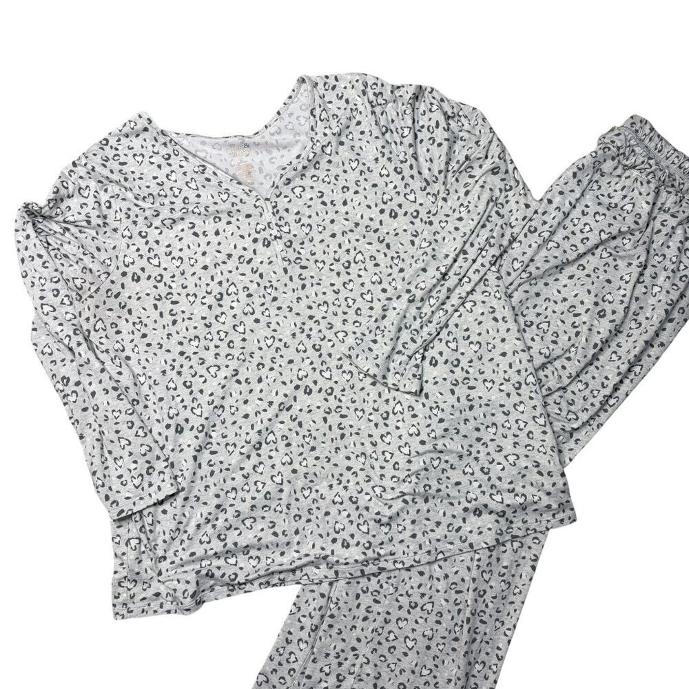 Croft & Barrow Intimates Pajama Set Plus Size 1X Gray Leopard Heart Print 2pc So